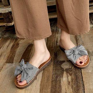 Check Bow Flat Slide Sandals