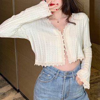 Lace Trim Cropped Cardigan Almond - One Size