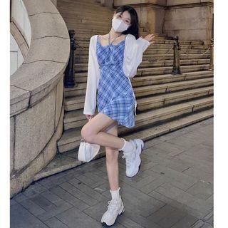 Spaghetti-strap Plaid Mini A-line Dress / Jacket