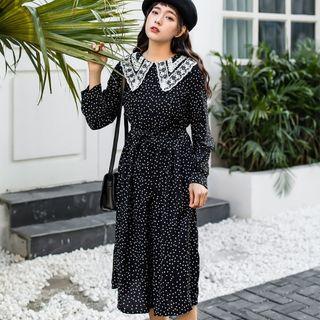 Long-sleeve Midi A-line Dotted Chiffon Dress