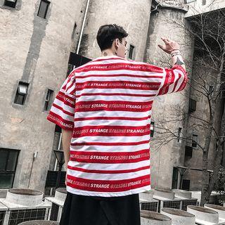 Elbow-sleeve Color Block Lettering T-shirt