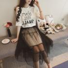 Set: Short-sleeve Lettering T-shirt Dress + Sheer Midi Skirt