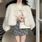 Fluffy Button Jacket / Sleeveless Turtleneck Knit Top / Zebra Print Mini Pencil Skirt