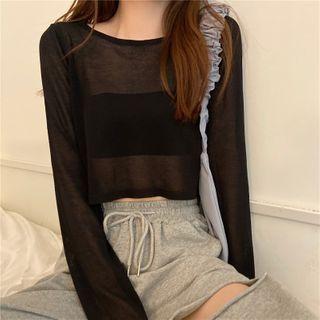 Long-sleeve Plain Sheer Cropped Top
