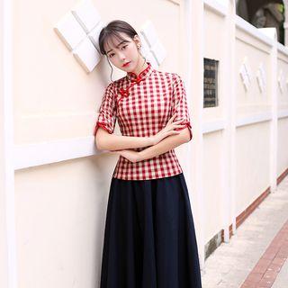 Elbow-sleeve Check Top / Midi Skirt / Set