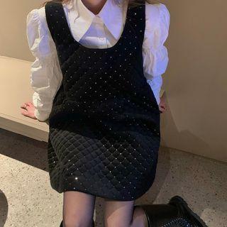 Puff-sleeve Plain Shirt / Sleeveless Sequined Loose Fit Dress