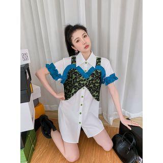 Short-sleeve Mock Two-piece Floral Mini Shirt Dress
