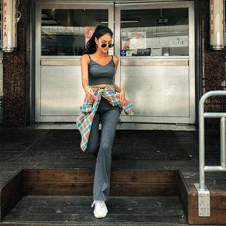 Set: Spaghetti-strap Cropped Top + Drawstring-waist Ribbed Pants