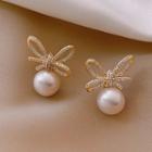 Bow Rhinestone Faux Pearl Dangle Earring 1 Pair - Stud Earring - Gold - One Size