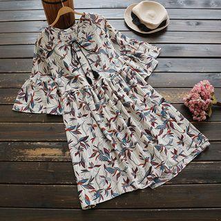 Printed Lace-up Elbow-sleeve Dress