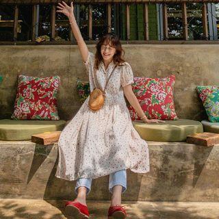 Half-placket Heart Patterned Dress Ivory & Red - One Size