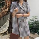 Short-sleeve Plaid Double Breasted Mini Coat Dress