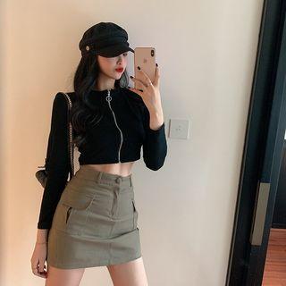 Zip Long-sleeve Slim-fit Cropped Top / Cargo Skirt