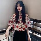 Elbow-sleeve Floral Print Shirt As Shown In Figure - One Size