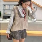 Contrast-trim Sweater Vest / Tie Accent Shirt / Plaid Pleated Mini A-line Skirt
