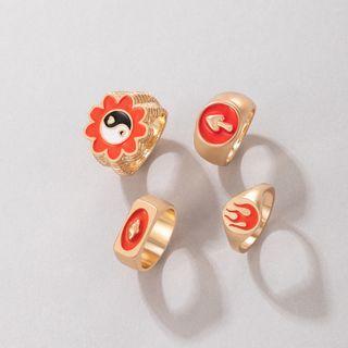 Set Of 4: Drip Glaze Signet Rings 20724 - Set - Gold & Orange Red - One Size