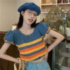 Puff Short-sleeve Round-neck Color Block Striped Knit Cropped Top Stripe - Blue - One Size