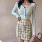 Cropped Cardigan / Plaid Pencil Skirt