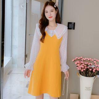 Puff-sleeve Dotted Paneled Midi A-line Dress