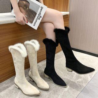 Pointed Fluffy Trim Block Heel Boots