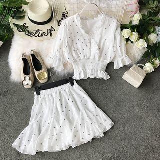 Set: V-neck Dotted Chiffon Blouse + Pleated Skirt