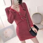 Set: V-neck Cardigan + Mini Pencil Skirt Cardigan & Skirt - Red - One Size