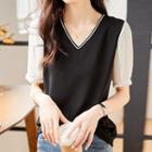 Puff-sleeve V-neck Two-tone Blouse