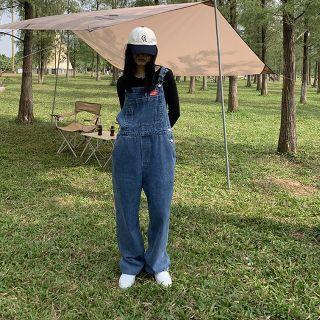 High-waist Washed Straight-cut Jumpsuit Dark Blue - One Size