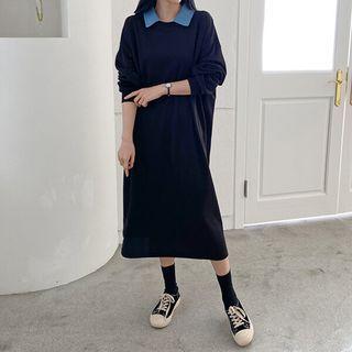 Denim-collar Loose-fit Midi Dress