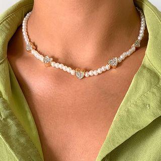 Faux Pearl Rhinestone Heart Necklace Gold - One Size