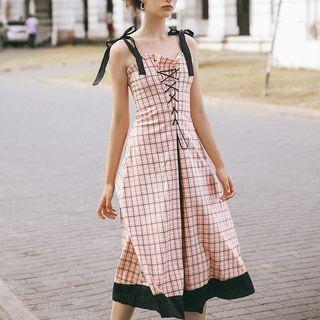 Ribbon Strap Lace-up Plaid A-line Dress