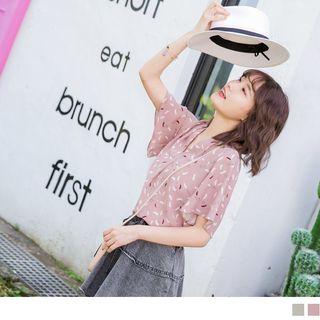 Ruffled Sleeve V-neck Feather Print Top