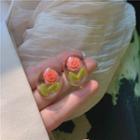 Transparent Rose Ear Stud 1 Pair - Transparent & Pink & Green - One Size