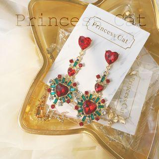 Rhinestone Heart Dangle Earring 925 Silver Earring - Red & Green - One Size