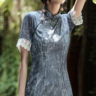 Printed Lace Trim Short-sleeve Qipao