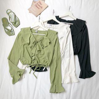 Ruffle Trim Drawstring Hem Chiffon Cropped Top