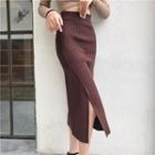 Plain Side Slit Midi Knit Skirt