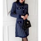 Fray-edge Buttoned A-line Houndstooth Dress Navy Blue - One Size