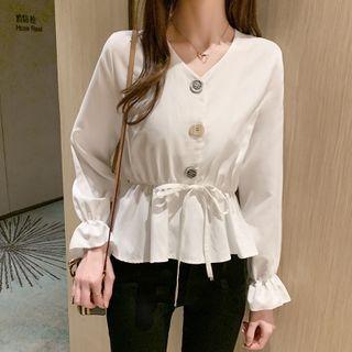 Long-sleeve Buttoned Peplum Blouse