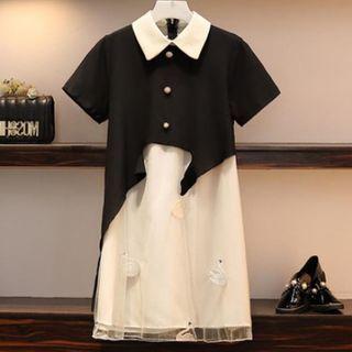 Short-sleeve Mesh Overlay Collared Dress