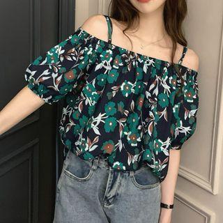 Puff-sleeve Cold-shoulder Floral Blouse Navy Blue - One Size