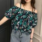 Puff-sleeve Cold-shoulder Floral Blouse Navy Blue - One Size