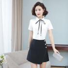Short-sleeve Bow-neck Blouse / Mini A-line Skirt / Set