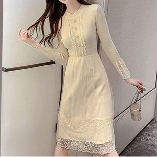 Long-sleeve Knit Panel Lace Dress
