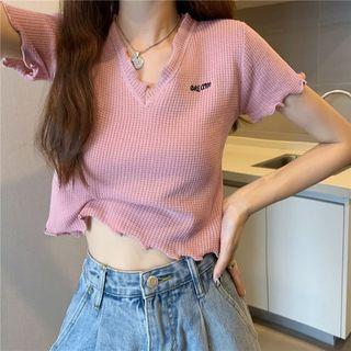 Short-sleeve Letter Embroidered Ruffle Trim T-shirt