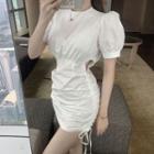 Puff-sleeve Drawstring Ruched Mini Sheath Dress White - One Size