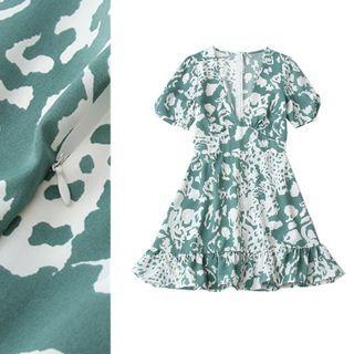 V-neck Print Puff Sleeve Mini Dress