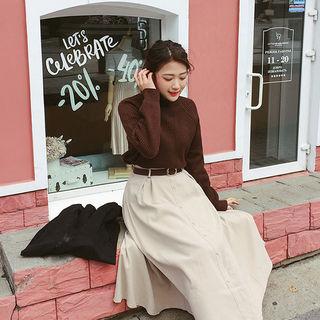 Faux-suede Long Flare Skirt With Belt