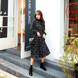 Frilled Mock-neck Floral Midi Dress