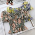 Floral Off-shoulder Frilled Chiffon Blouse